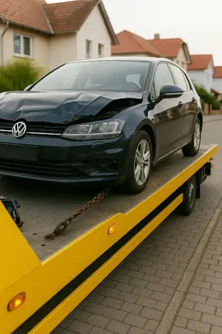 Ein defektes Auto, das für den Autoankauf in Neu-Isenburg abgeschleppt wird.